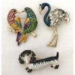 3 costume jewellery stone set and enamelled brooches in the shape of animals.