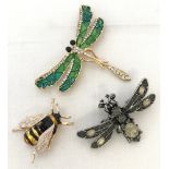 3 costume jewellery stone set and enamelled brooches in the shape of insects.