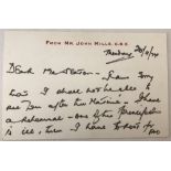 John Mills signed postcard/letter dated 20th November 1974.