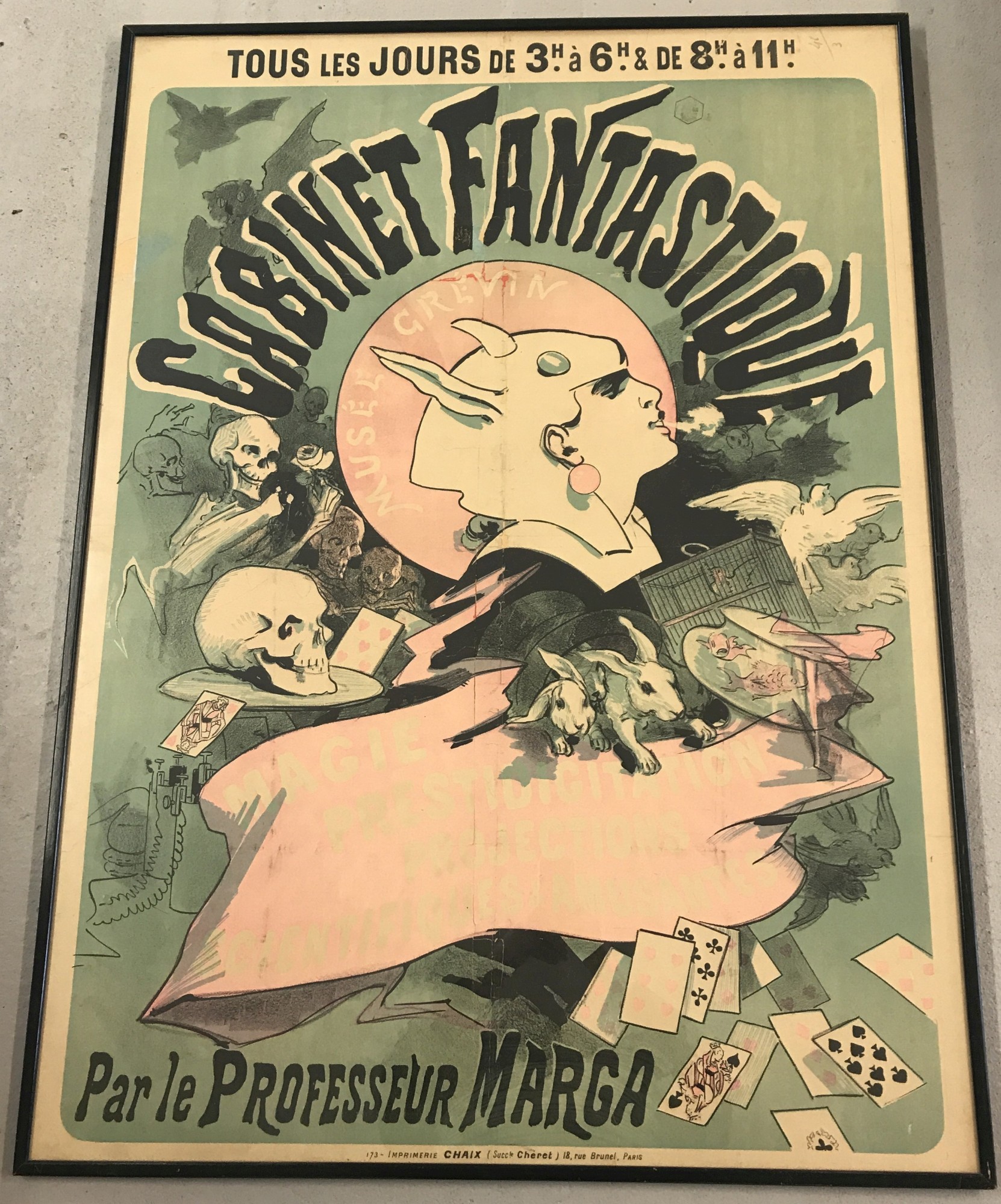 A framed and glazed vintage Jules Cheret, Mussee Grevin Cabinet Fantastique poster, 1836-1932.