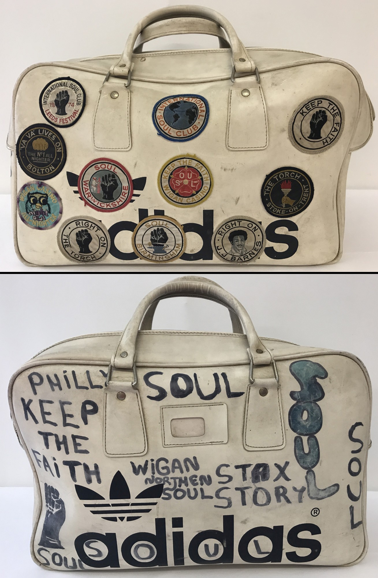 A 1970'S Peter Black Keighley Adidas holdall with original Wigan Northern Soul designs & patches.