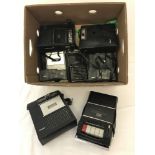 A box of 7 1970's portable cassette recorders with microphones, most in pvc carry cases.