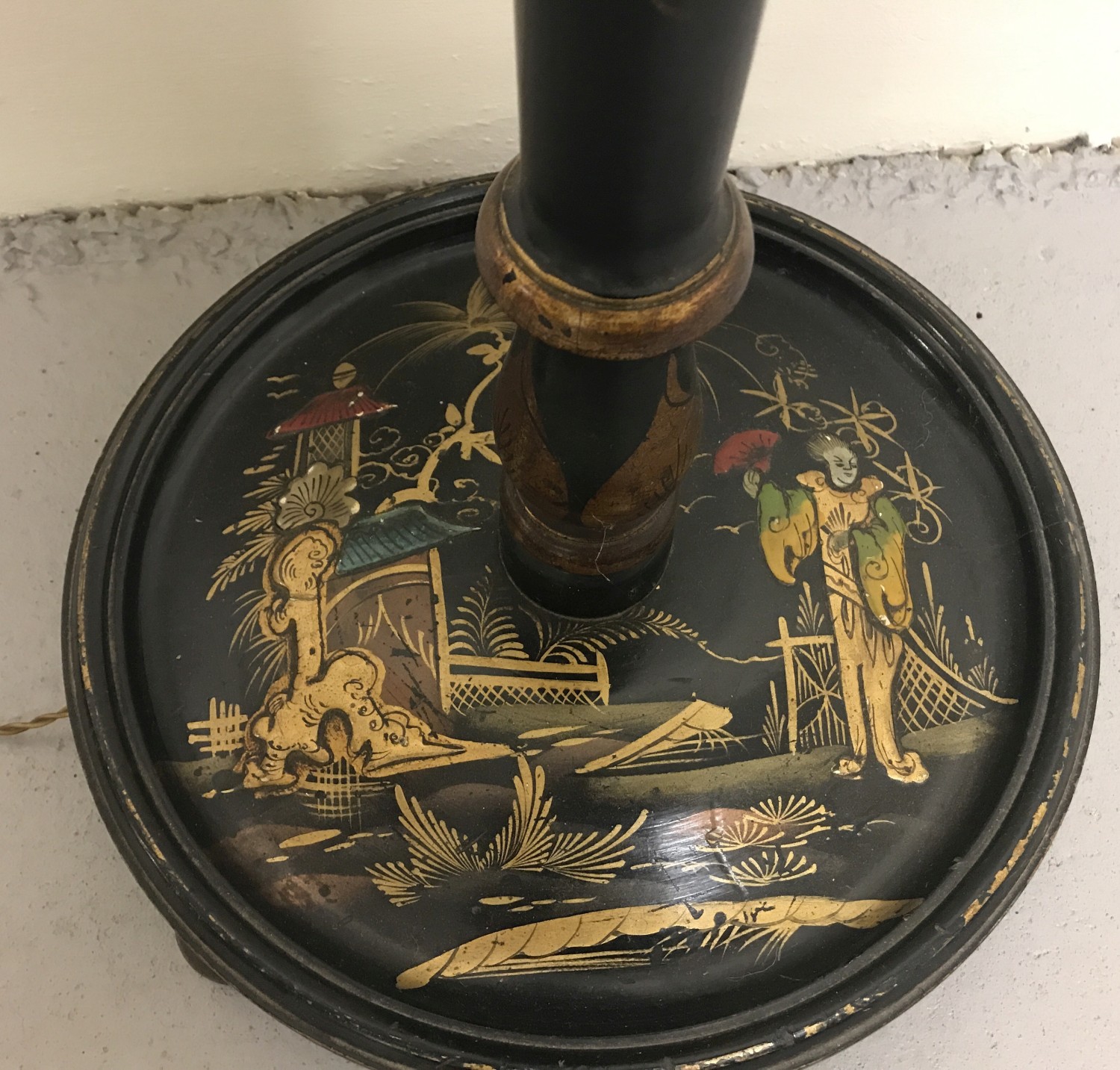 A Chinese black lacquer standard lamp with hand painted scene to base and detail to upright. - Image 2 of 2