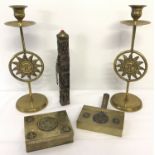 A collection of vintage oriental brassware items to include candlesticks and boxes.