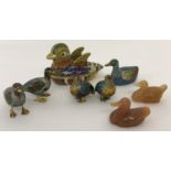 A collection of Cloisonné and natural stone miniature bird figures.