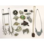 A small collection of diamante and stone set vintage necklaces and brooches.