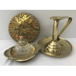 3 vintage brass items to include decorative brass dish with brass lidded cut glass bottle.