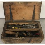 A small vintage pine 2 handled tool box with interior shelf.