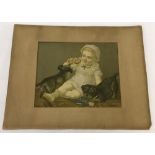 A vintage mounted but unframed oleograph of a young child with dogs.