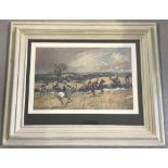 A print by John King of The Pytchley Hunt, dated 1969. In white wooden frame.