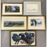 5 framed and glazed mixed media pictures.