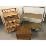 A modern 3 drawer cane and basket ware unit together with a vintage 2 tier trolley and a lidded box.