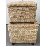 2 modern basket ware lidded boxes, larger on wheels and smaller on wooden feet.