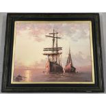 An original oil on canvas of sailing ships at sunset in a decorative black frame.