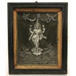 A framed vintage white metal plaque of the Hindu goddess Lashmi.