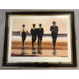 A framed and glazed Jack Vittriano print of 4 suited men walking on a beach.
