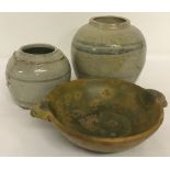 3 pieces of eastern stoneware ceramics.
