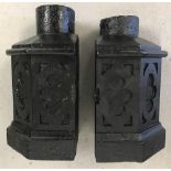 2 vintage cast iron corner rain hoppers with quatrefoil decoration.