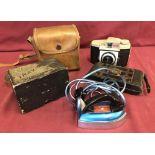 2 vintage cameras together with a boxed Clem travelling Iron.
