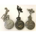 3 modern quartz pocket watches with embossed decoration to cases. All with pocket chains.