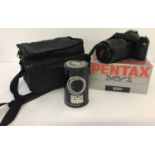 A pentax MV1 35mm SLR automatic camera body fitted with a Sunagor 70-200mm Zoom lens.