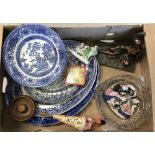 A box of assorted misc. items to include ceramics, glass, toys and metal figure mounted on marble.