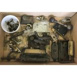 A box of vintage door knobs, handles, Keys, hand plates and locks.