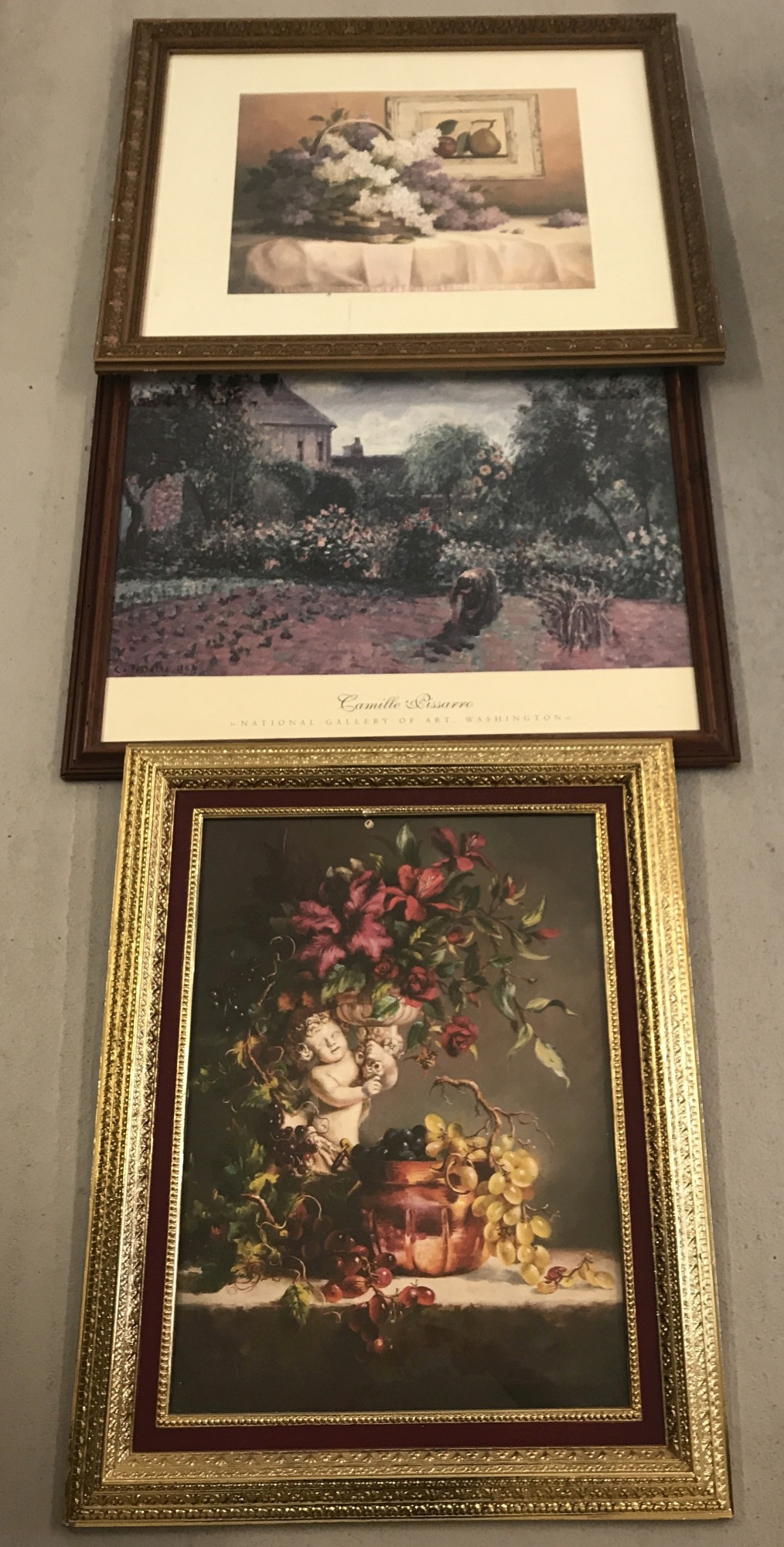 3 large framed and glazed prints, 2 with gilt frames.