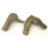 2 brass animal head shaped walking stick handles; a horse and a duck.