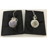 2 boxed modern quartz pocket watches with chains.