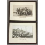 A pair of framed "Victorian view" sepia photo prints of Norfolk boatmen.