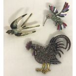 3 costume jewellery stone set and enamelled brooches in the shape of birds.