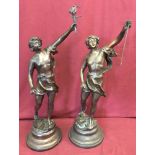 2 bronzed spelter classical figures on circular bases.