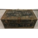 A military tin trunk marked Lt. Shebbear, Broughton Castle, Banbury Oxon.