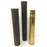 2 military metal map cases together with a brass shell case marked 1901 to base.