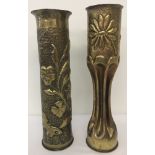 2 WWII military shells. Both with trench art detail, converted to vases.