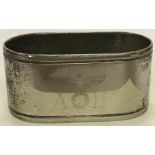 WW2 Style Silver Plated Napkin Ring with Nazi party emblem and AH initials to front.
