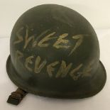 Vietnam war era US MK1 steel helmet with hand painted "Sweet Revenge" and anarchy symbol.