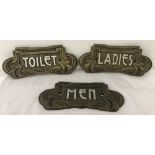 3 cast iron, Art Nouveau style door signs.