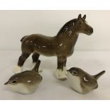 3 pieces of USSR Lomonosov ceramics, a shire horse together with 2 wrens; head up & head down.