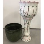 A modern heavy frost proof green glaze garden planter together with a 2 piece ceramic jardinière.