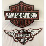 2 painted cast iron Harley Davidson Wall hanging plaques, in red, black and white.