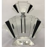 A very large & heavy Art Deco style fan shaped glass scent bottle in black and clear glass.