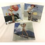 3 square glass plates depicting 1940's glamour girls.