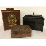 3 vintage wooden boxes; 2 with painted detail and one highly carved.