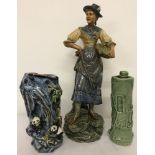 A large continental ceramic figurine together with 2 Chinese ceramic items.