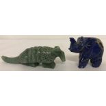 A carved jade armadillo together with a carved lapis lazuli elephant.