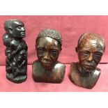 3 pieces of tribal art, carved dark wood figurines.