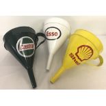 3 metal advertising funnels for: Castrol, Esso and Shell.