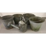 4 vintage galvanised buckets together with a galvanised 1 gallon watering can, complete with rose.